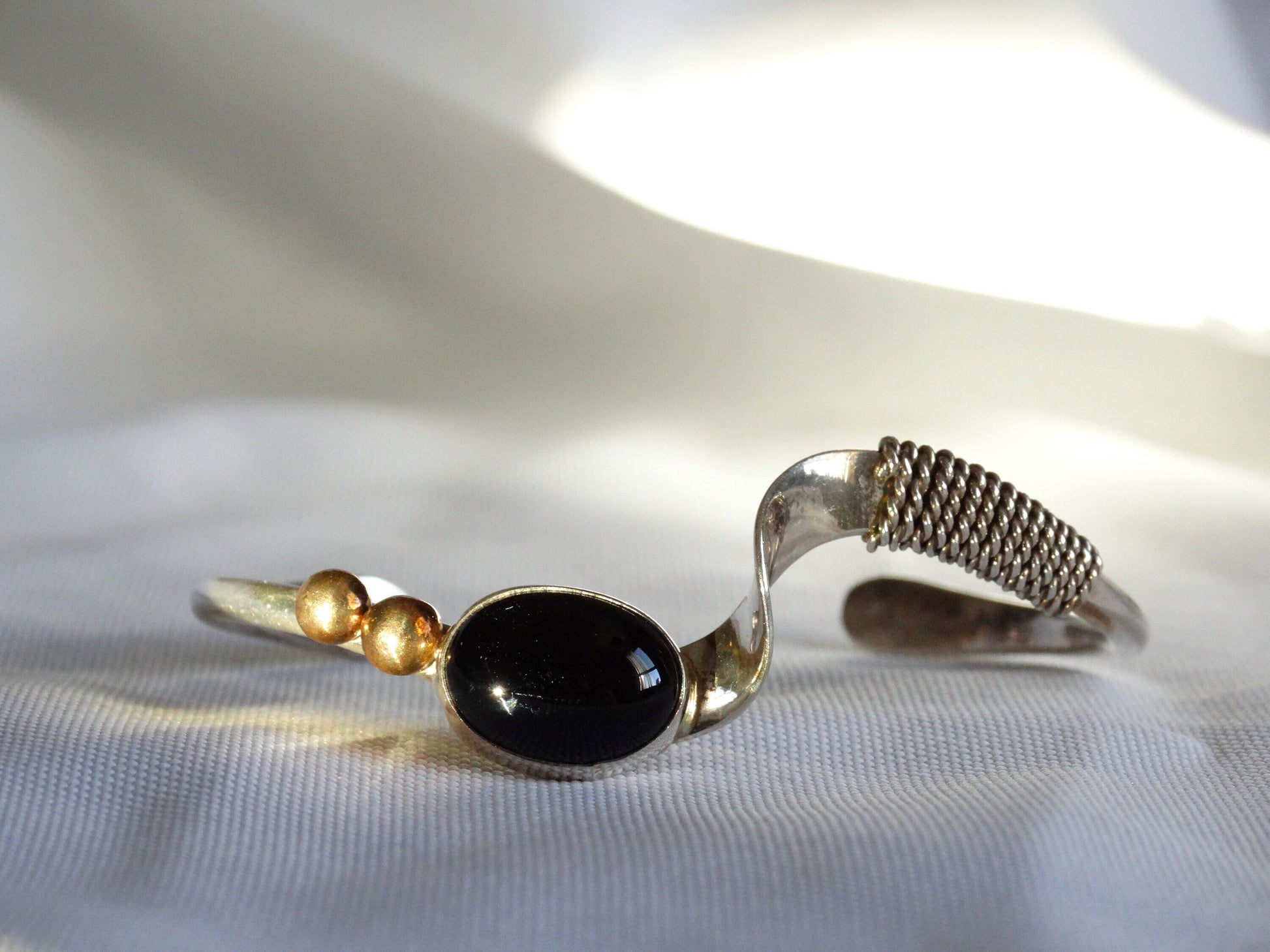 Vintage Sterling Silver 12K GF Black Onyx Native American Cuff Bracelet, Collectors Jewelry