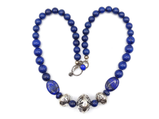 Vintage Bobby Johnson Signed Sterling Lapis Lazuli Beaded Necklace with Unique Clasp , Authentic Navajo Jewelry