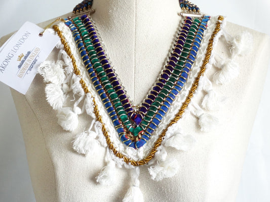 Vintage Inspired AKONG LONDON Multimedia Beaded Velvet Tassel Necklace, Boho Couture Jewelry