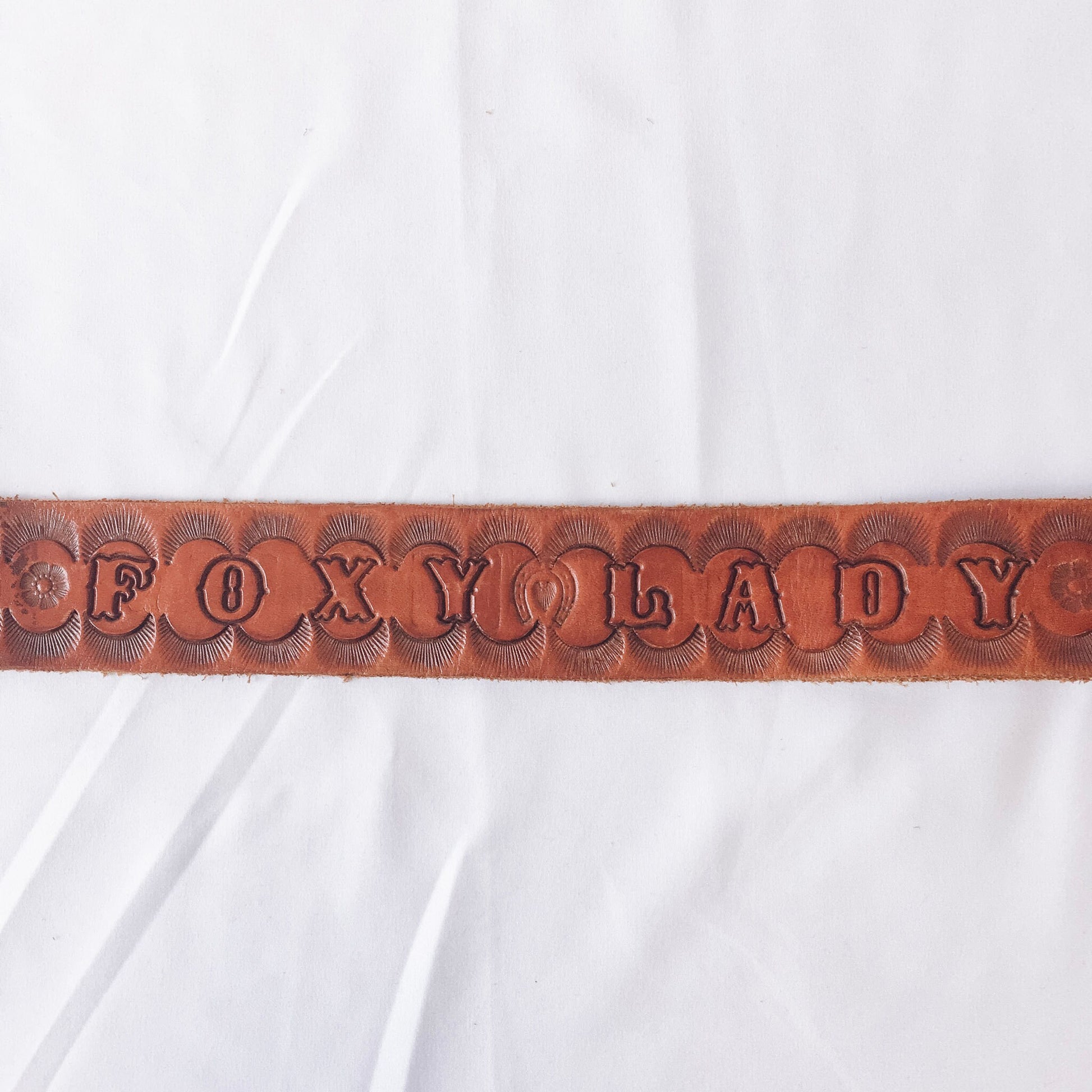 Vintage Tooled Leather Belt, Gold Horseshoe Buckle Belt with floral and engraved detail: "Foxy Lady"