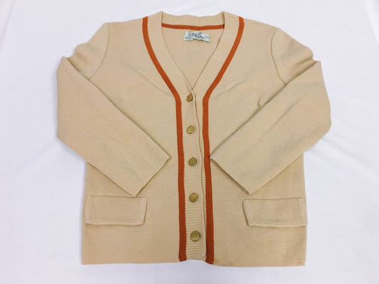 Vintage Italian Pavilion 100% Wool Beige and Orange Button Cardigan Sweater, Sz. Vintage 14, Made in Italy