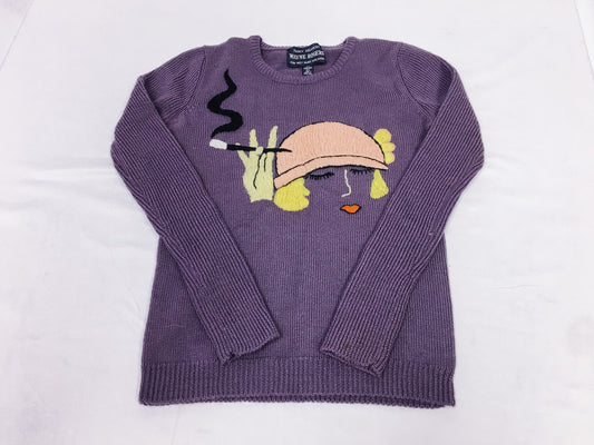 Vintage Wayne Rogers Kids 100% Wool Purple Embroidered Face Sweater, Sz. L