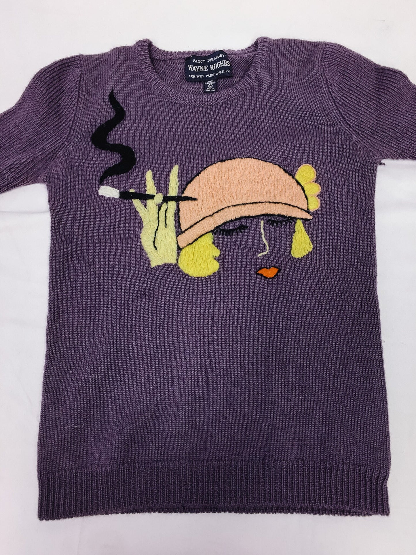 Vintage Wayne Rogers Kids 100% Wool Purple Embroidered Face Sweater, Sz. L