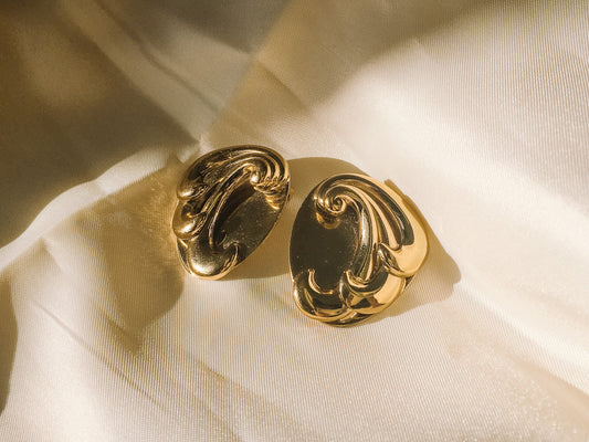 Vintage 1980's Bulky Art Deco Wave Gold Tone Puffed Tri-Swoop Earrings, Vintage Clip On Earrings