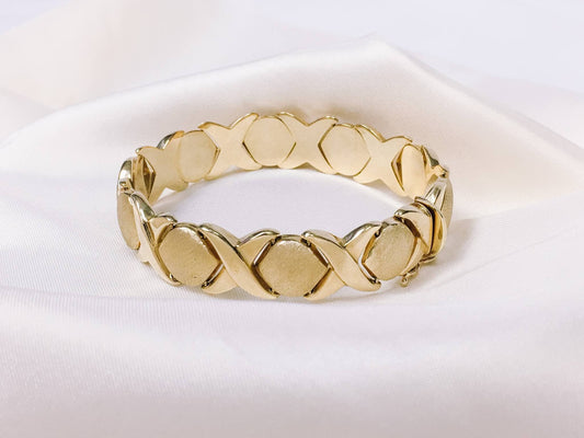 Vintage Italian 14k Yellow Gold X and O Polished and Matte Textured Bracelet, 15mm, 6in