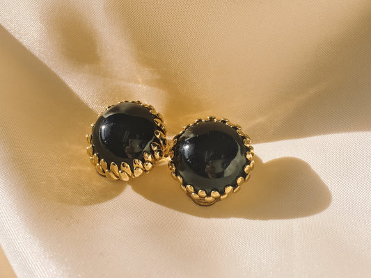 Vintage 1980's Black Glass And Gold Tone Cabochon Earrings, Unique Glass Glass Clip On Earrings
