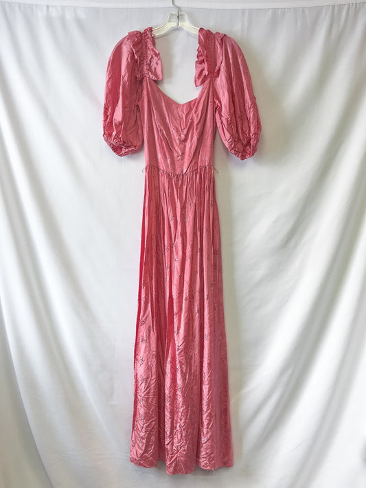 Vintage 80s Pink Floral Patterned Puff Sleeve Dress with Detachable Belt, Made in USA, Vintage 80s Bridgerton Inspired Prom/Party Dress