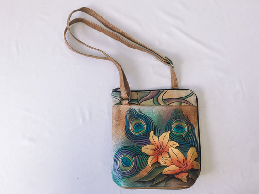Vintage Anushka Leather Floral and Peacock Feather Detail 3-Compartment Crossbody Purse, Anushka Shoulder Bag