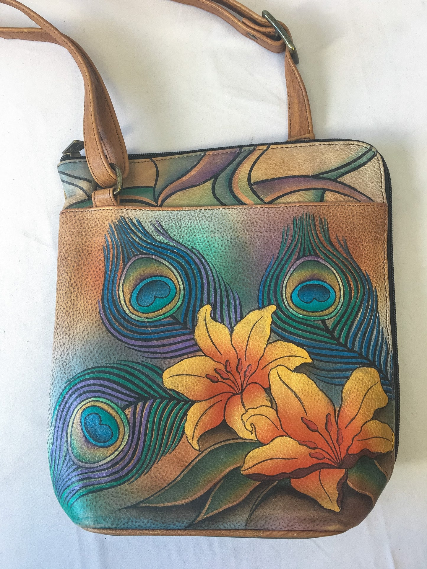 Vintage Anushka Leather Floral and Peacock Feather Detail 3-Compartment Crossbody Purse, Anushka Shoulder Bag