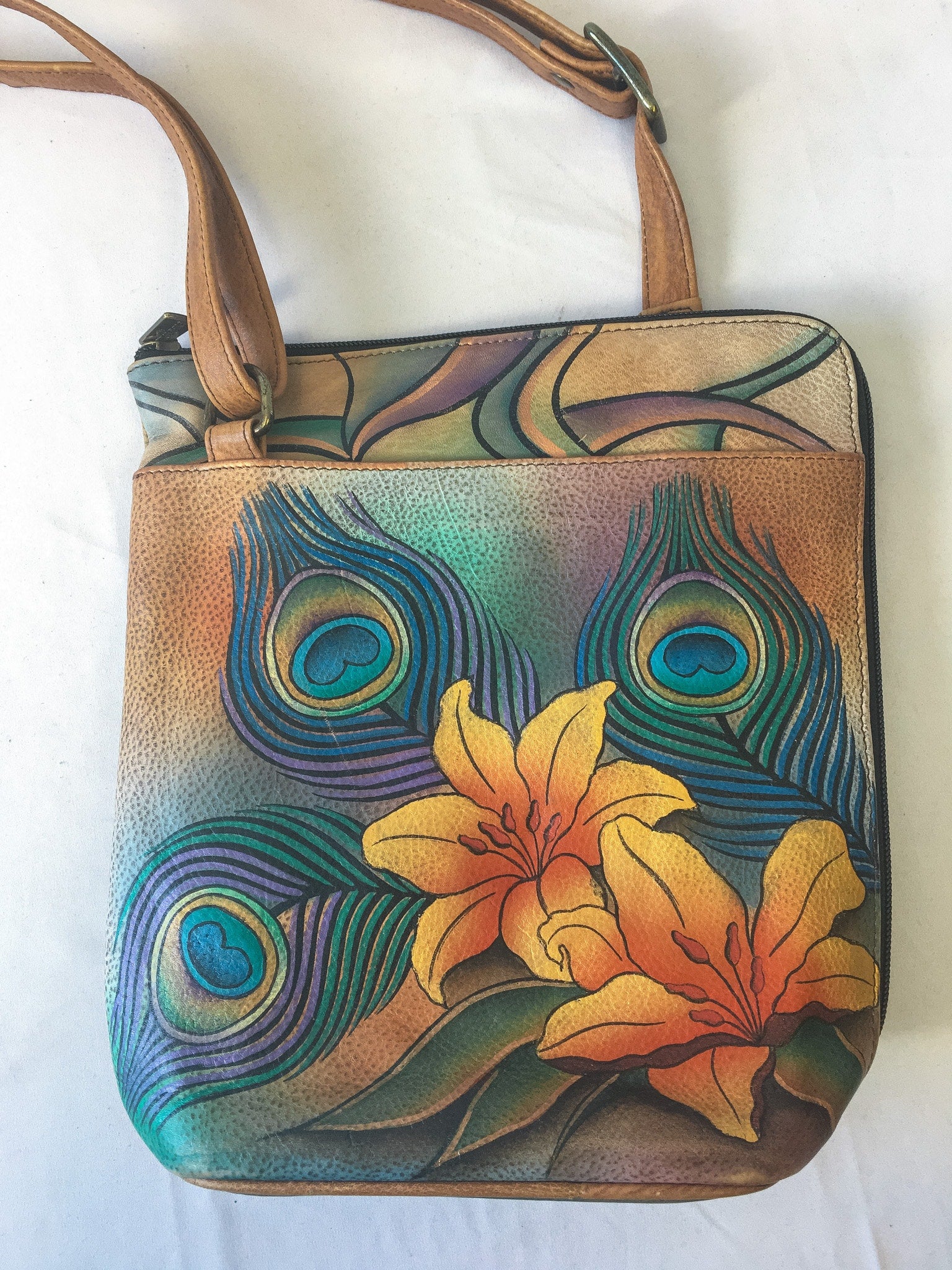 Vintage Anushka Leather Floral and Peacock Feather Detail 3-Compartment Crossbody Purse, Anushka Shoulder Bag