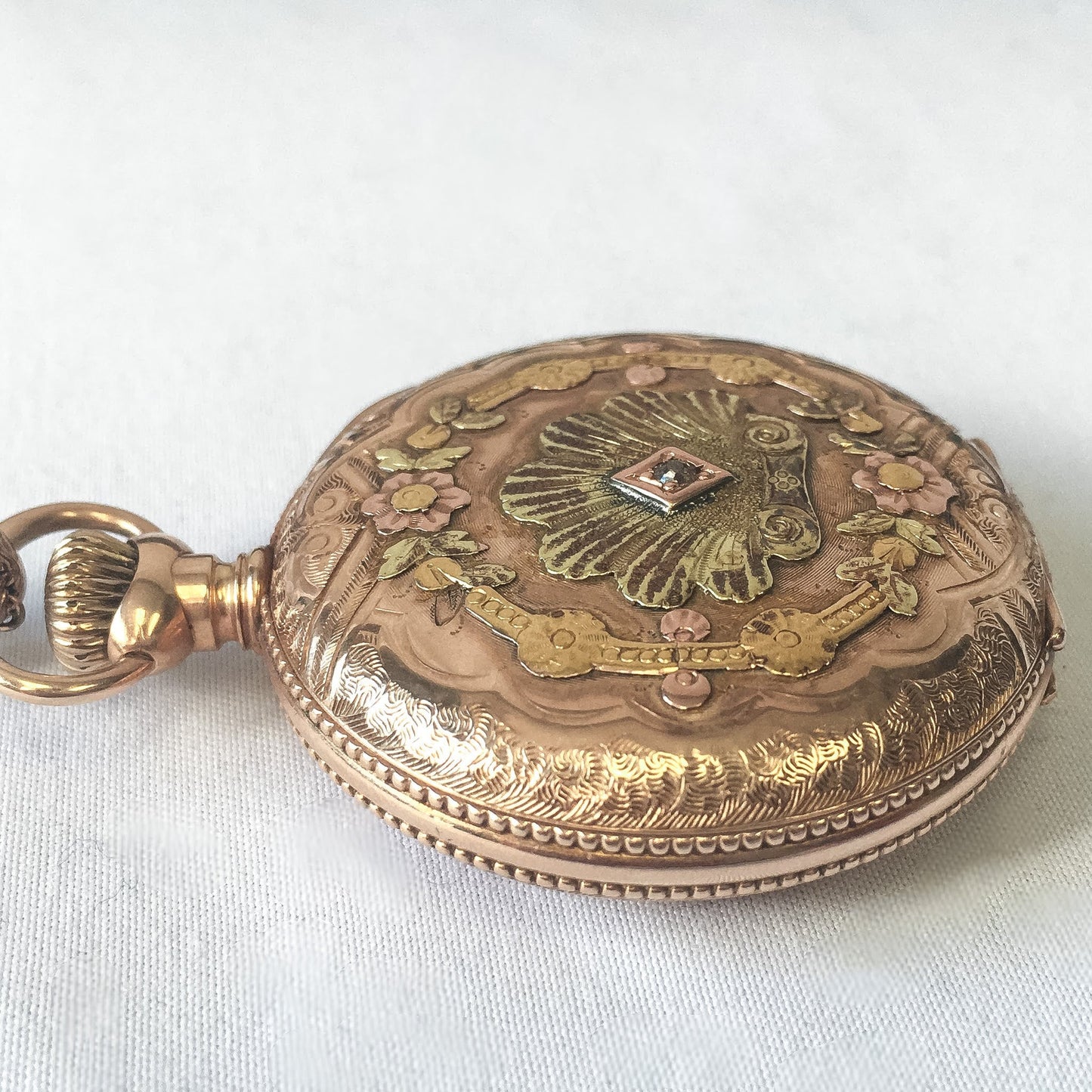 Antique 14k Hampden Gold Oceanic Floral Pocket Watch with Chain, Diamond and Gold Pocket Watch, 17 Jewel, WORKS!