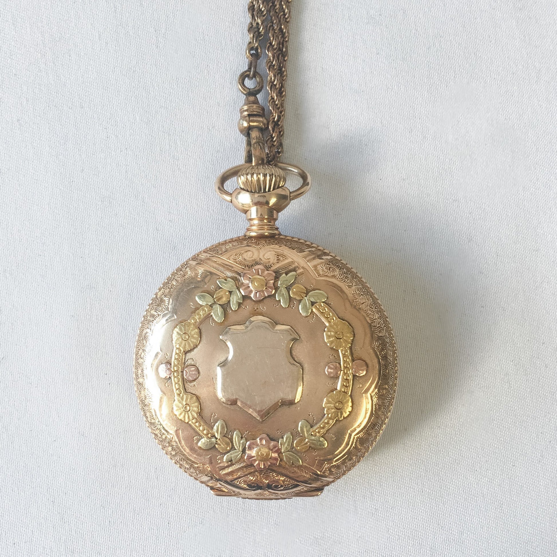 Antique 14k Hampden Gold Oceanic Floral Pocket Watch with Chain, Diamond and Gold Pocket Watch, 17 Jewel, WORKS!