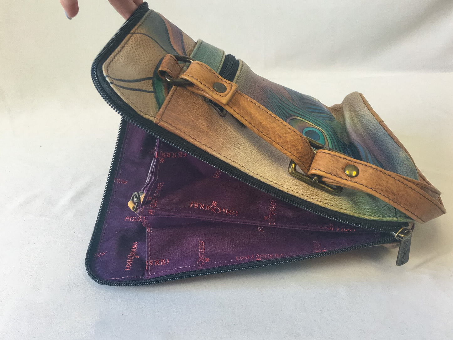 Vintage Anushka Leather Floral and Peacock Feather Detail 3-Compartment Crossbody Purse, Anushka Shoulder Bag