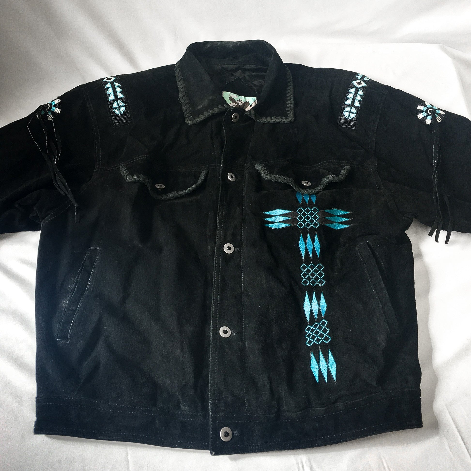 Vintage Alder Black Leather Suede Jacket with Fringe and Blue Bead & Embroidery Detail, Sz. XL, Vintage Western Fringe Jacket