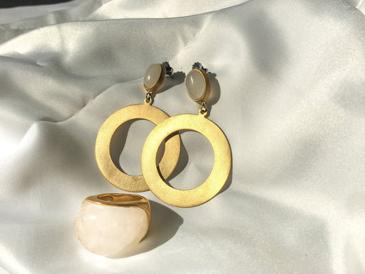 Earrings and Ring Set from Glow by Sheila Fajl, Gold Tone Ring and Gold Tone Dangle Earrings with White Stone