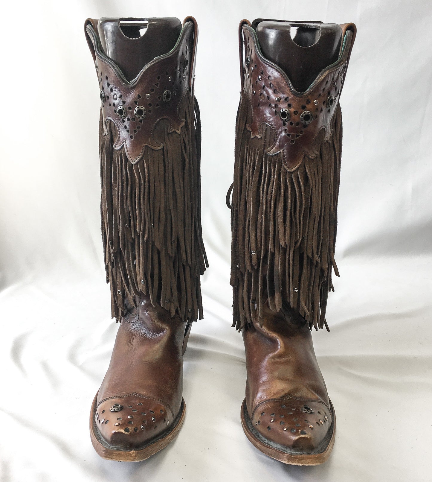 Vintage Inspired Corral Sierra Brown Fringe and Studs Snip Toe Leather Cowboy Boots, Style C1185, Women's Sz. 10M
