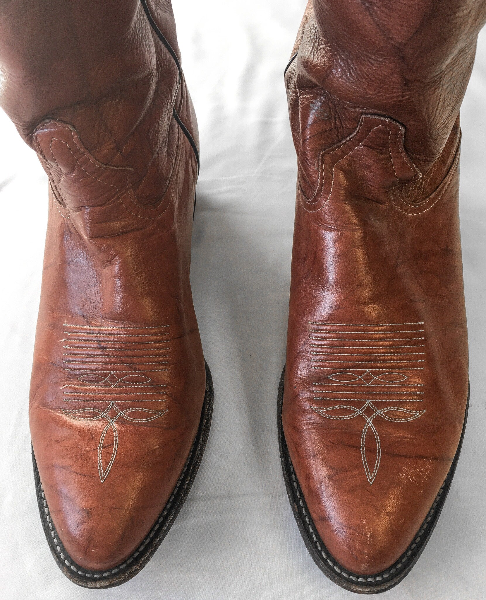 Vintage Tony Lama Warm Toned Brown Leather Embroidered Boots, Men's Sz. 9.5, Vintage Tony Lama Cowboy Boots