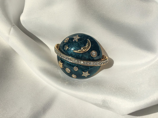 Vintage SWAROVSKI Beautiful Teal and Gold Tone Celestial Swarovski Crystal Brooch, Beautiful Vintage Space Pin