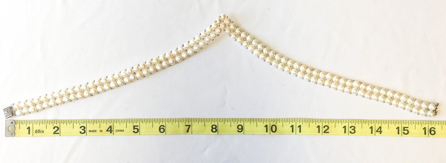 Vintage Inspired Beautiful Button Pearl and Sterling Silver Pointed Collar Necklace, Real Pearl, 925 Silver