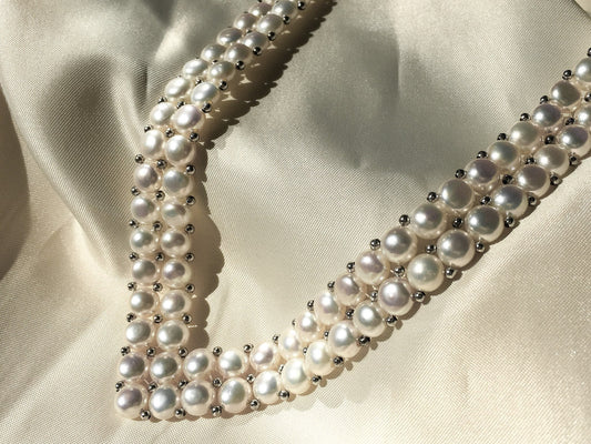 Vintage Inspired Beautiful Button Pearl and Sterling Silver Pointed Collar Necklace, Real Pearl, 925 Silver
