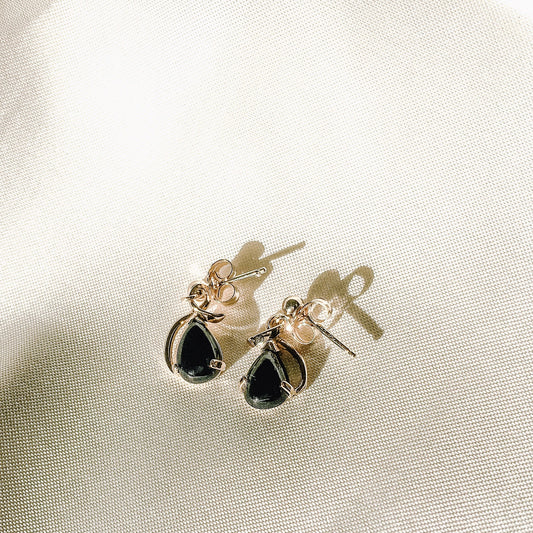 Vintage 90's Black Onyx Teardrop and 14k Gold Dangle Earrings, Vintage Earrings