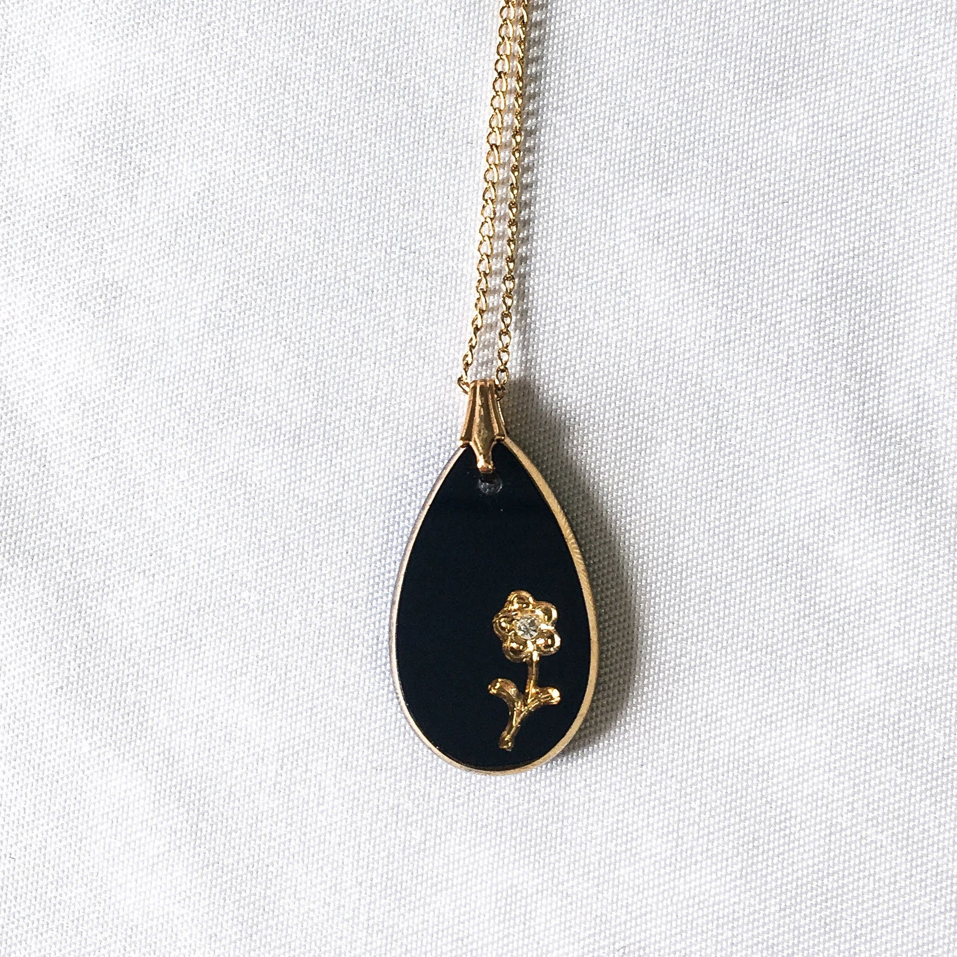 Vintage Black and Gold Tone Pendant with Rhinestone Flower on 12k Gold Filled Chain, Vintage Pendant Necklace
