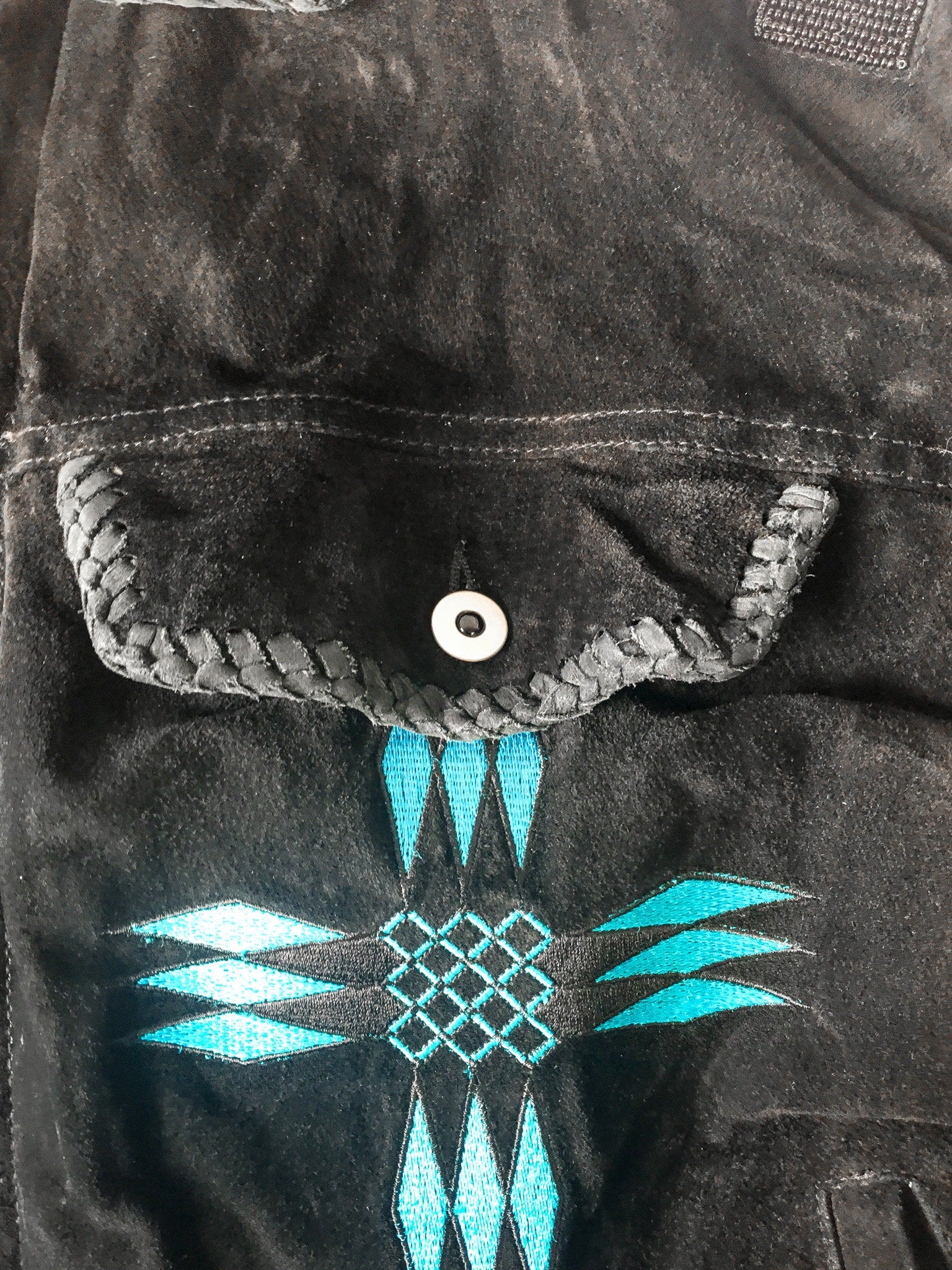 Vintage Alder Black Leather Suede Jacket with Fringe and Blue Bead & Embroidery Detail, Sz. XL, Vintage Western Fringe Jacket