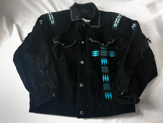 Vintage Alder Black Leather Suede Jacket with Fringe and Blue Bead & Embroidery Detail, Sz. XL, Vintage Western Fringe Jacket