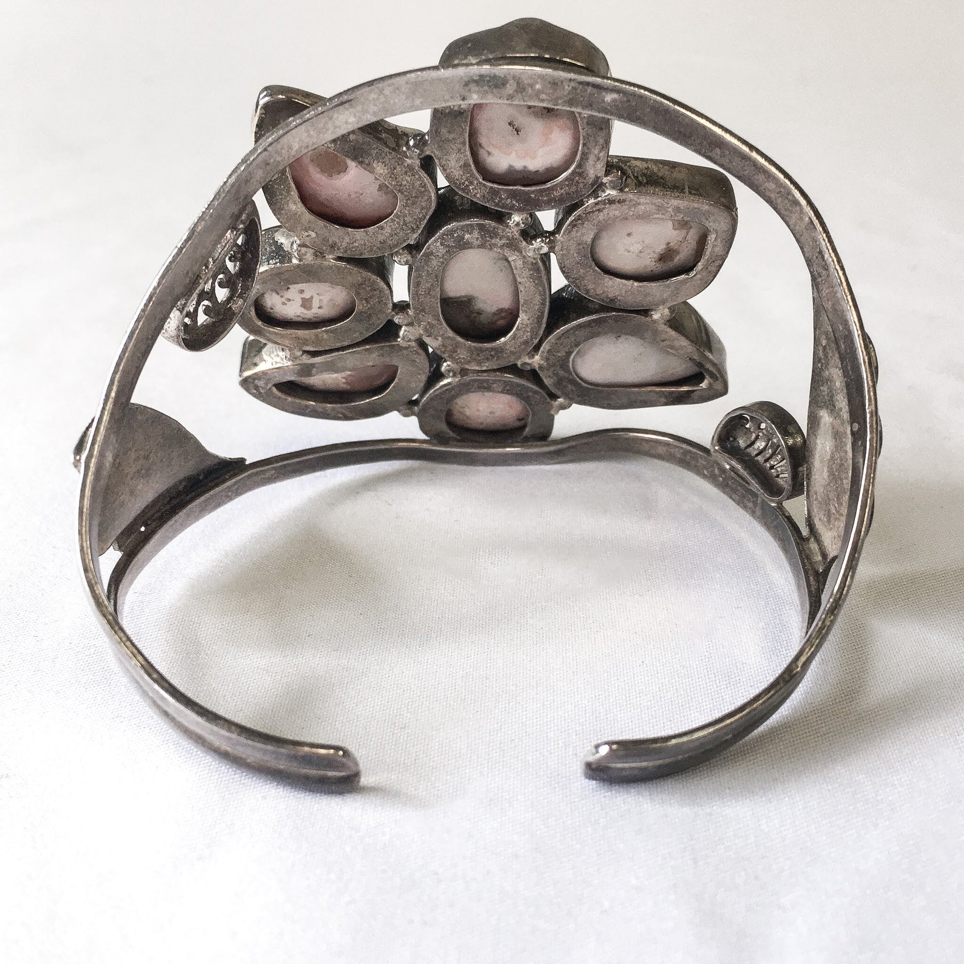 Vintage Floral 925 Silver and Rose Quartz Geode Cuff Bracelet, Beautiful Bulky Cuff Bracelet
