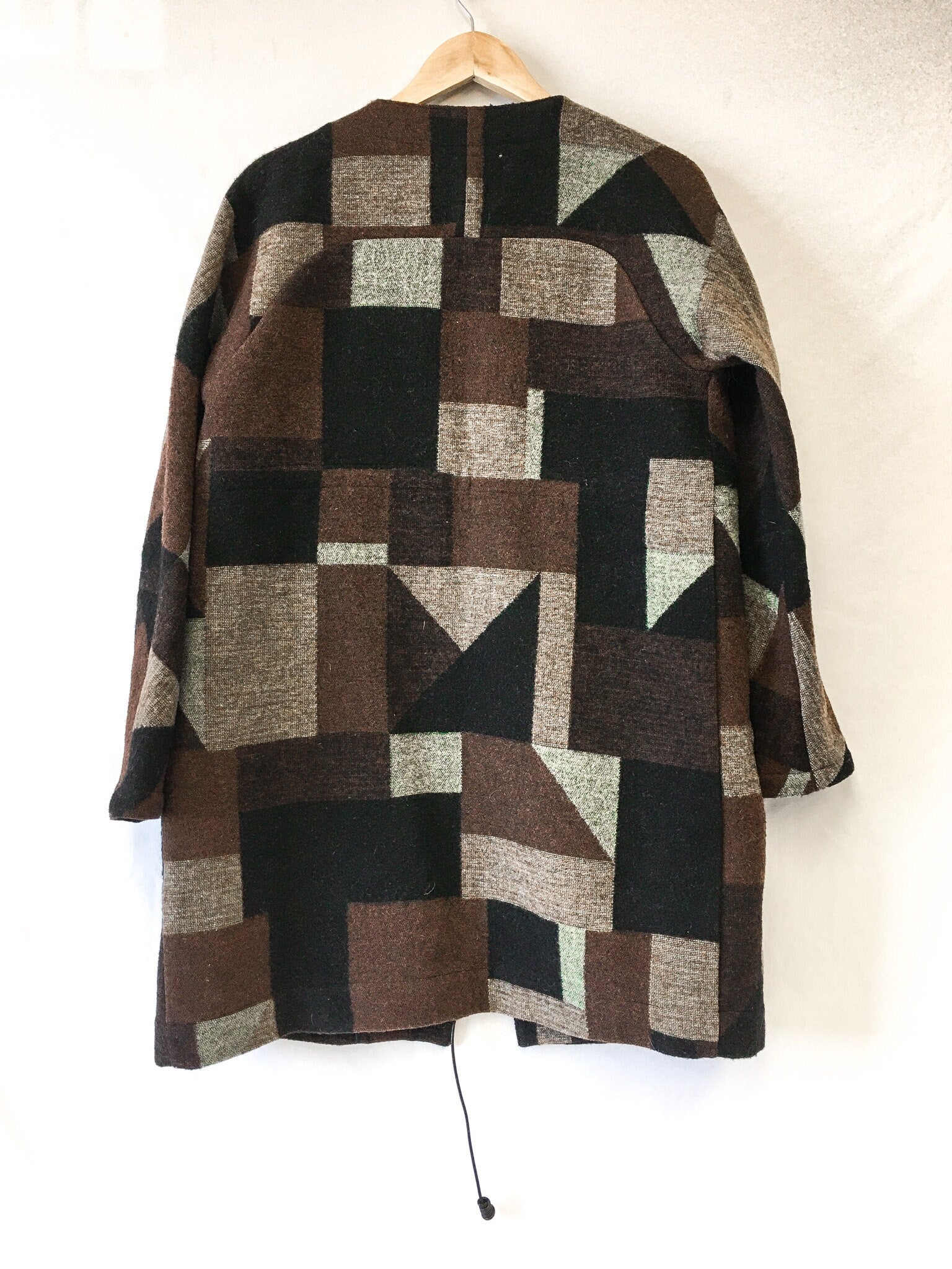 Vintage 80s Woolrich Brown and Pastel Teal Patterned Pure Wool Coat, Made in US, Sz. L
