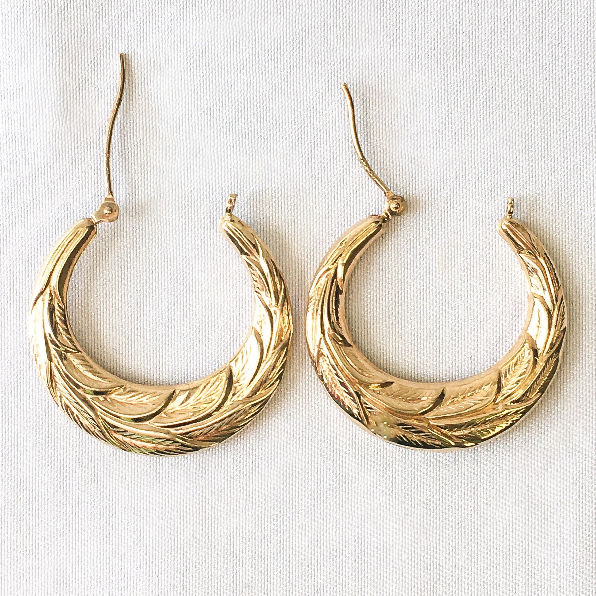 Vintage 14k Gold Leaf Textured JCM Hoop Earrings, Vintage 90's Earrings