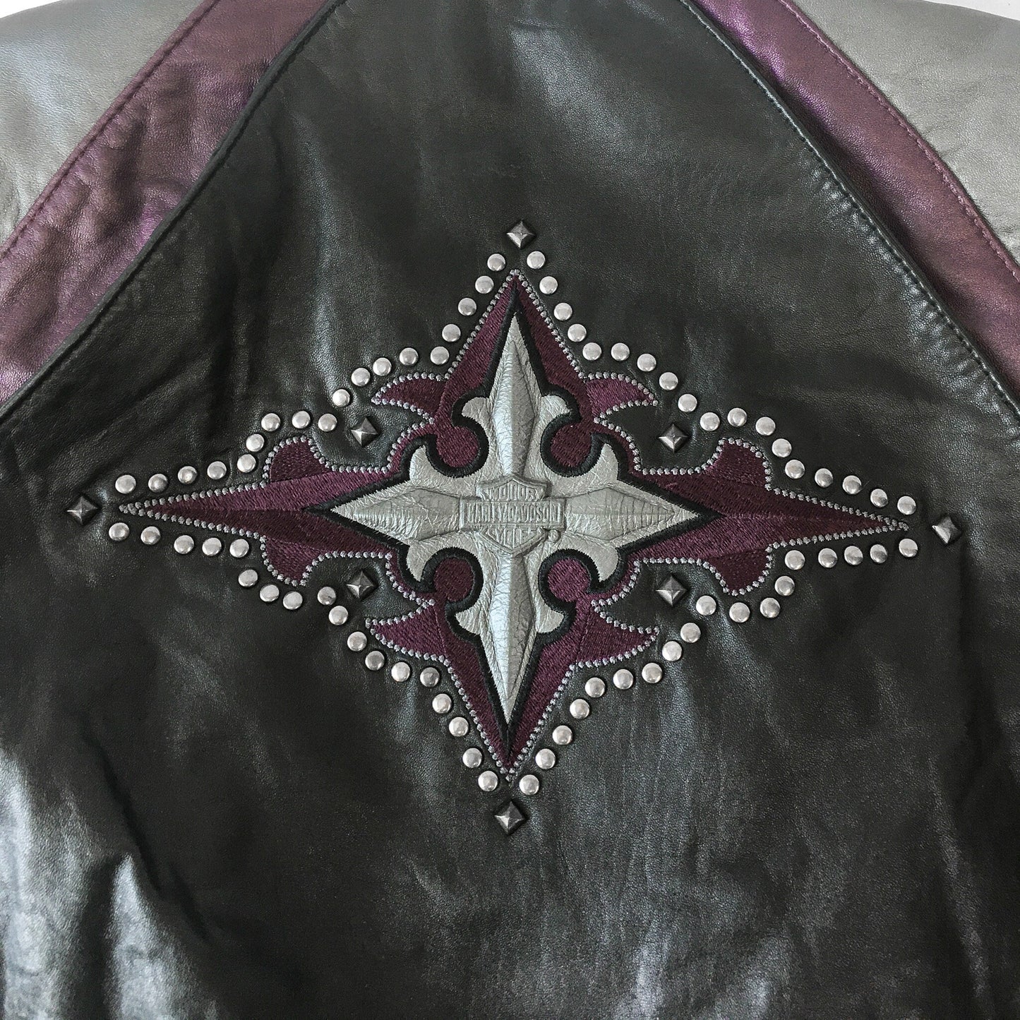 Vintage Harley Davidson Gray and Purple Leather Bomber Jacket with Studded and Embroidered Details, Sz. S/M