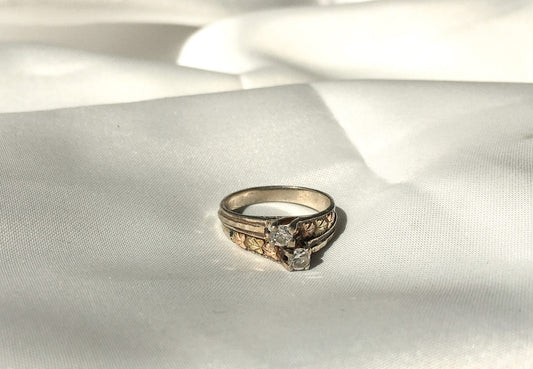 Vintage Coleman & Co. Black Hills 12k Gold and Sterling Ring with Two Cubic Zirconia Ring, Vintage Black Hills Gold Engagement Ring, Size 4