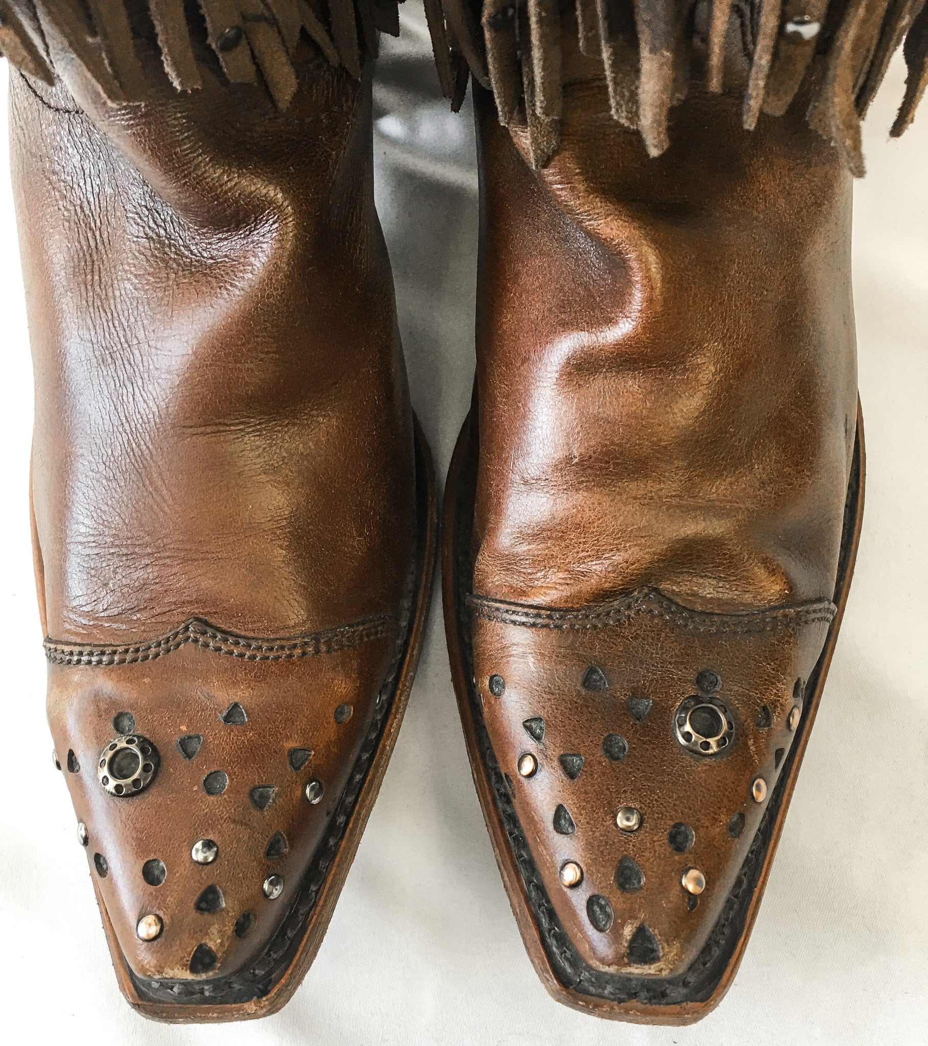 Vintage Inspired Corral Sierra Brown Fringe and Studs Snip Toe Leather Cowboy Boots, Style C1185, Women's Sz. 10M