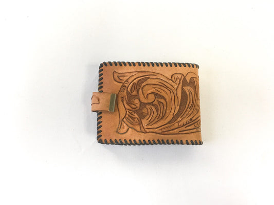 Vintage Handcrafted Brown Floral Engraved Tooled Leather Wallet, Western Style Wallet