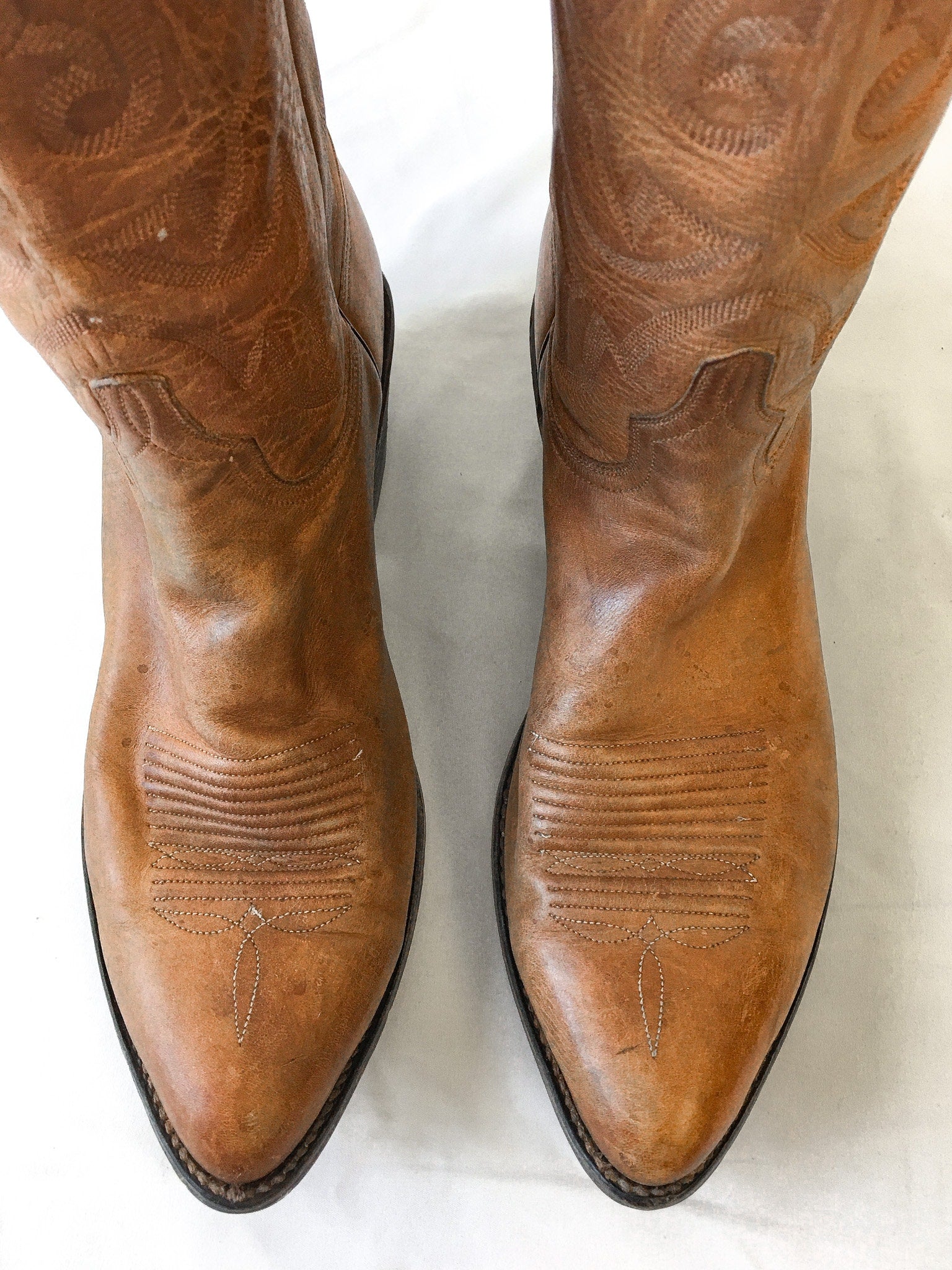 Vintage Lucchese Brown Leather Embroidered Cowboy Boots, Men's Sz. 9.5D, Vintage Lucchese Western Boots
