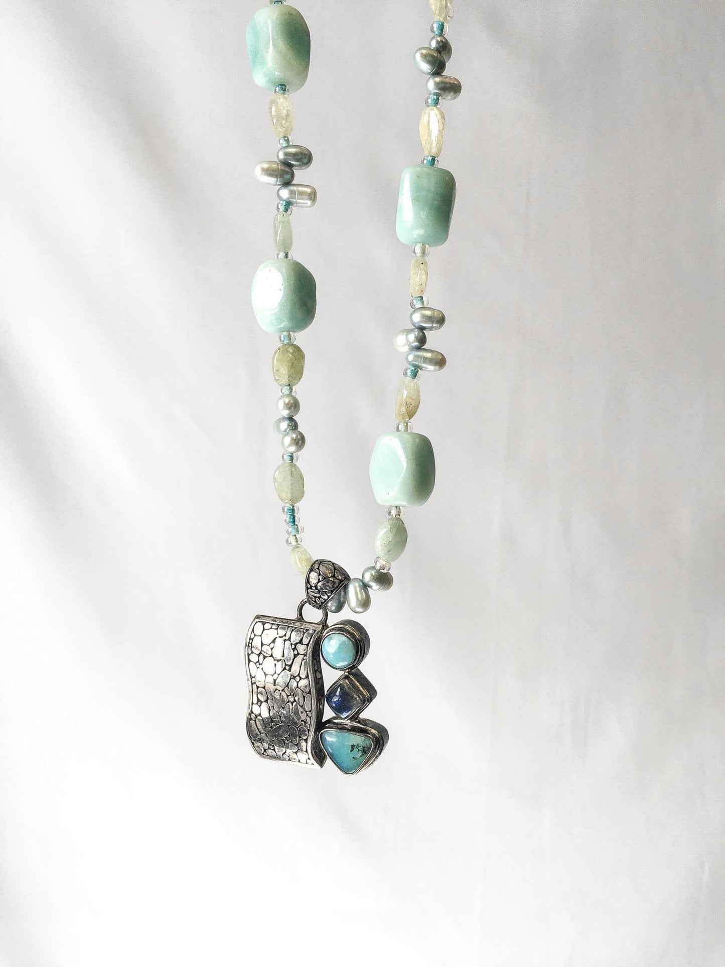925 Aquamarine Quartz Blue Pearl Necklace with 925 Pendant with Blue Stones, Vintage Chunky Statement Necklace