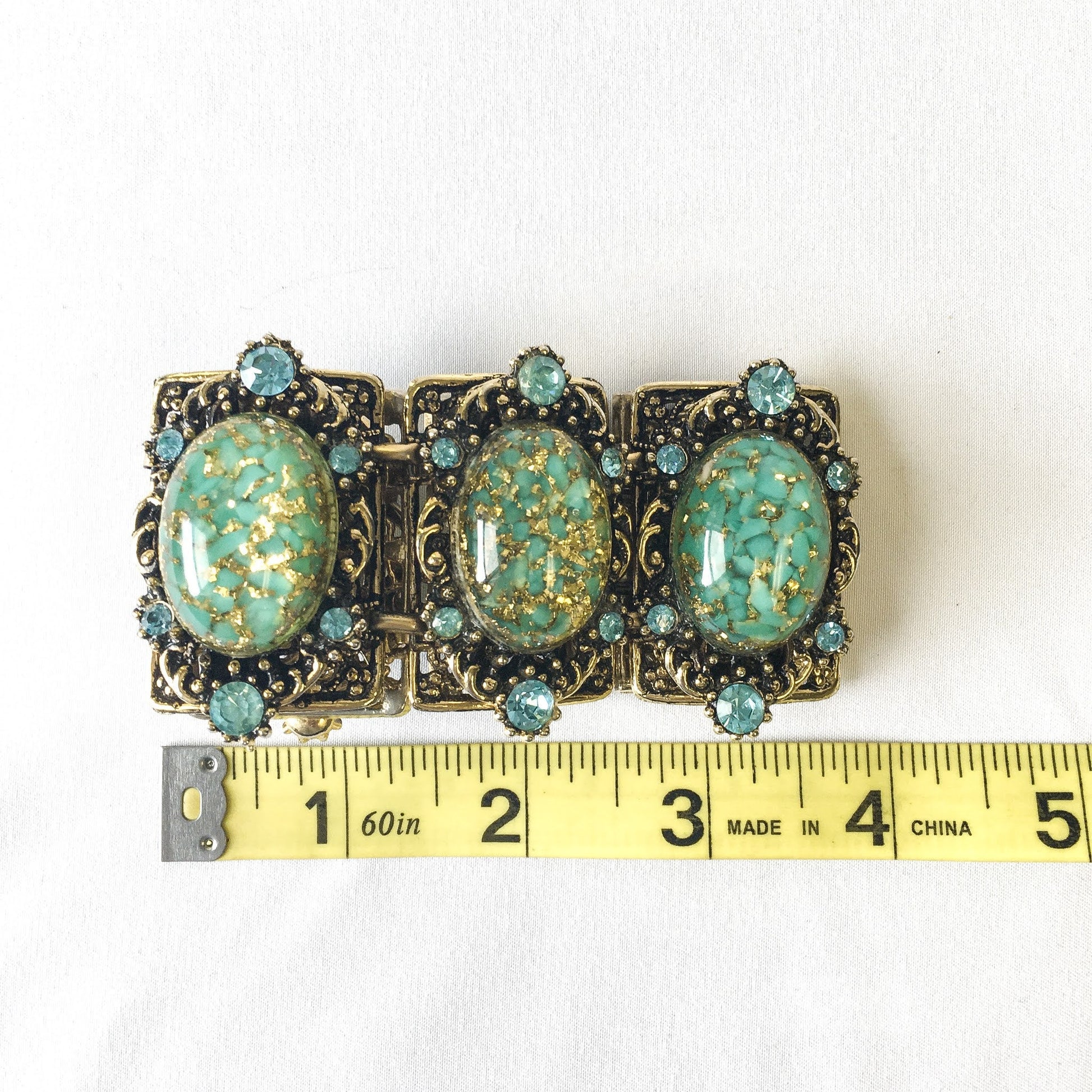 Vintage Victorian Inspired Glass Cabochon Panel Link Bracelet with Blue Rhinestones, Retro Jewelry