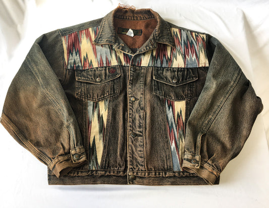 Vintage 90s Bugle Boy Gold Crest Multicolor Woven Abstract Patterned Denim Jacket, Sz. L, 1990s Unique Jean Jacket