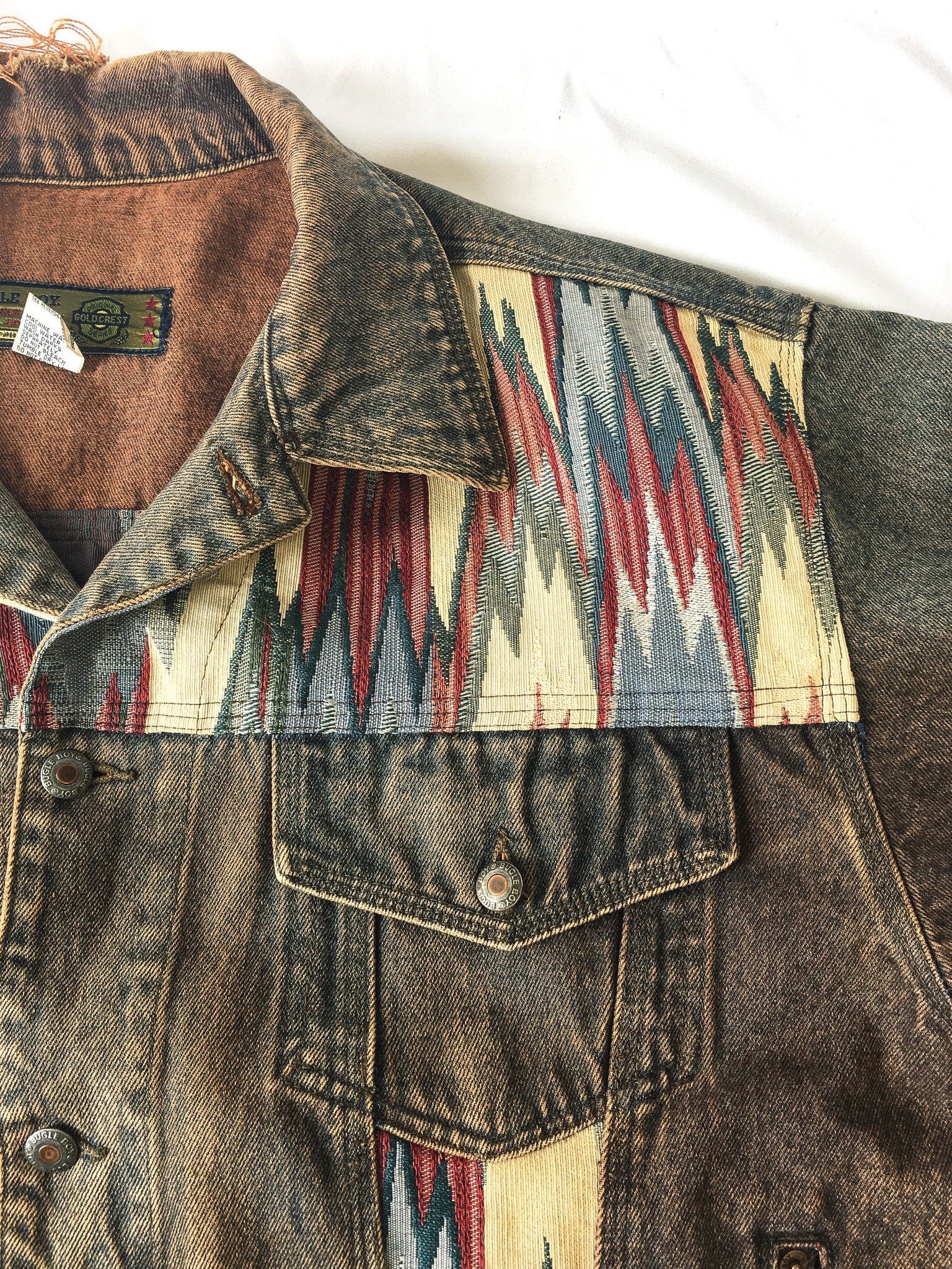 Vintage 90s Bugle Boy Gold Crest Multicolor Woven Abstract Patterned Denim Jacket, Sz. L, 1990s Unique Jean Jacket