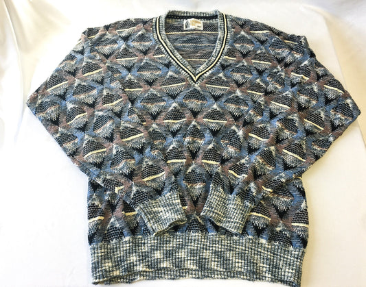 Vintage London Fog Blue Geometric Patterned V-Neck Sweater, Men's Sz. XXL Tall, Made in USA, Vintage Grandpa Sweater