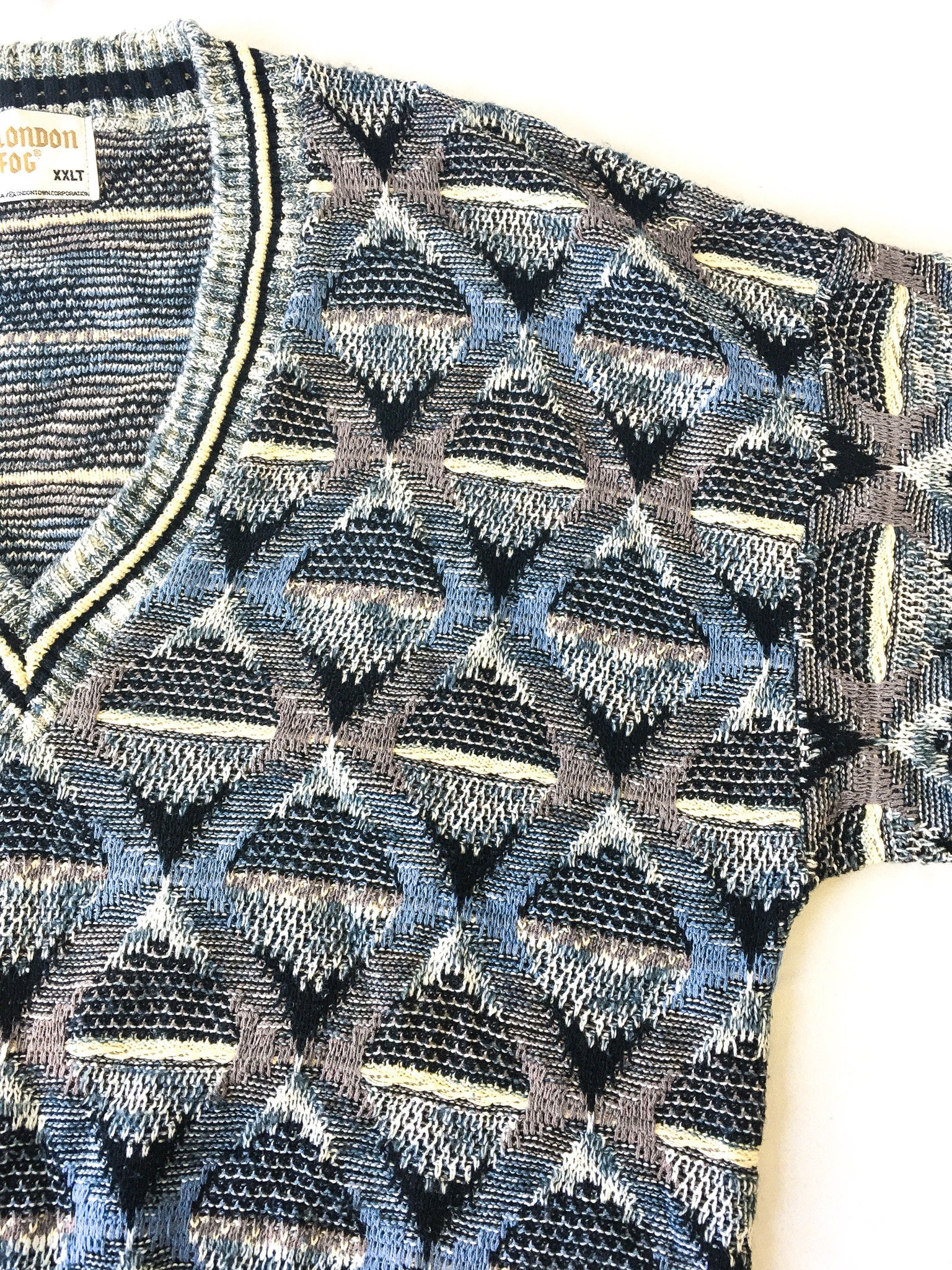 Vintage London Fog Blue Geometric Patterned V-Neck Sweater, Men's Sz. XXL Tall, Made in USA, Vintage Grandpa Sweater