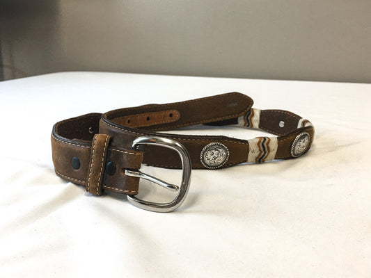 Vintage Tony Lama Buckaroo Brown Leather Rawhide Scallop Concho Belt, Sz. 28