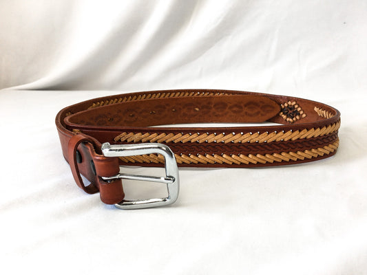 Vintage Handcrafted Genuine Leather Brown Woven Belt, Sz. 36, Made in Mexico