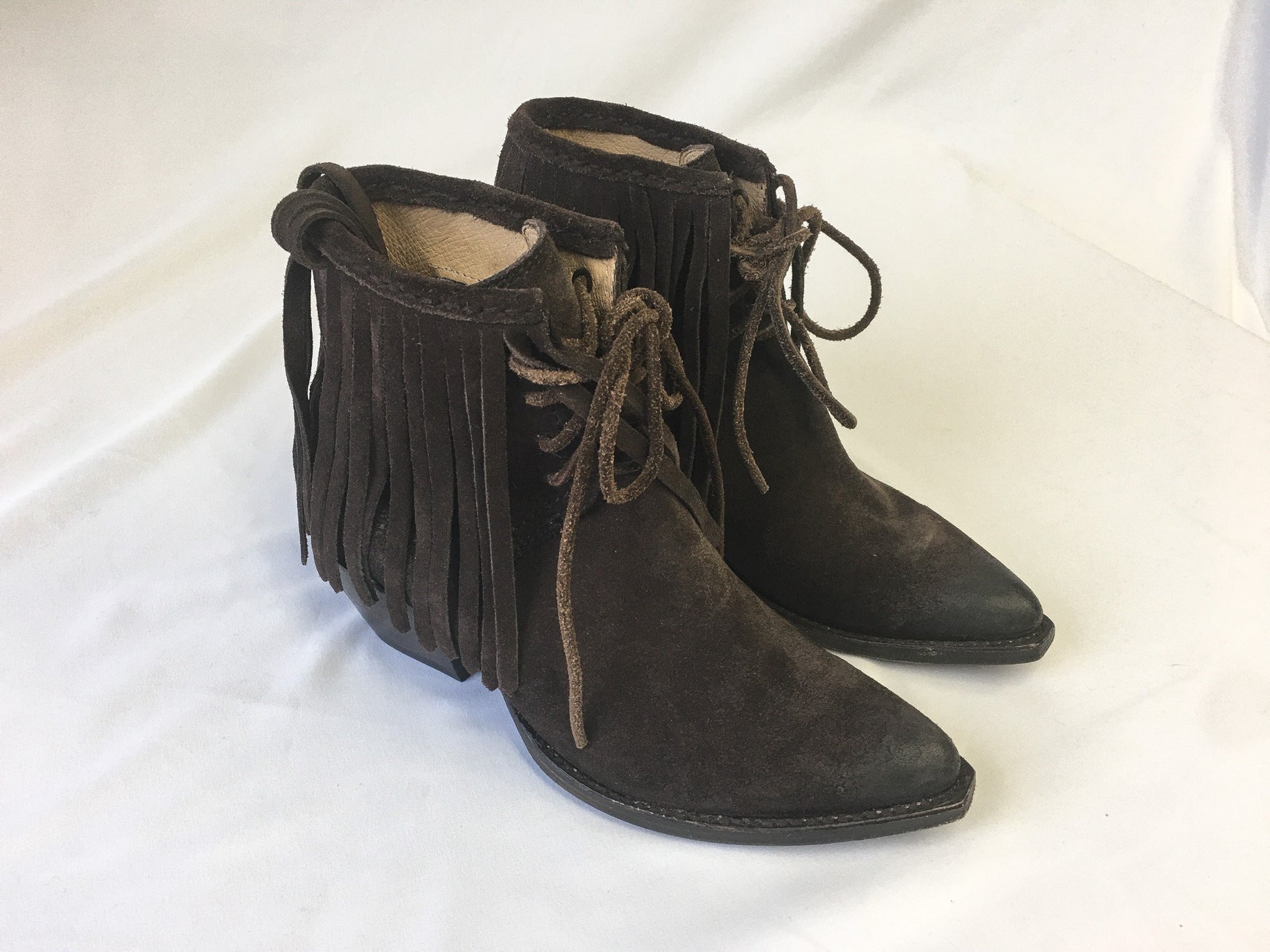 Vintage FRYE Sacha Fringe Distressed Brown Suede Ankle Boots, Sz. 6B, Vintage Western Boots