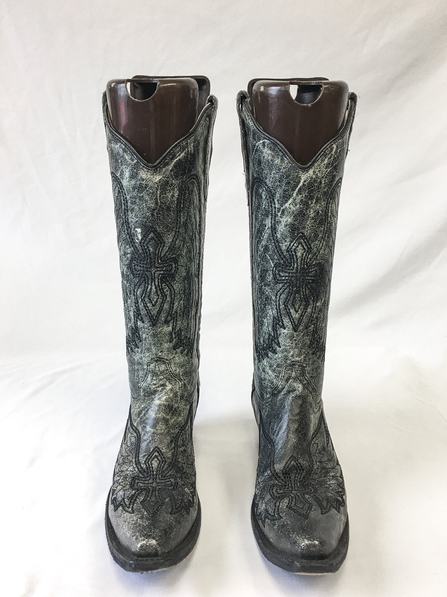 Vintage Inspired Corral Circle G Black & Gray/Green Wing and Cross Embroidered Leather Cowboy Boots, Women's Sz. 6.5M