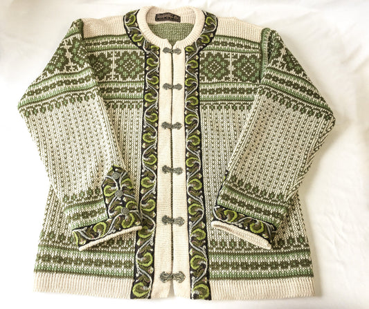 Vintage 90s Nordstrikk Cream/Off-White & Green Floral Embroidered Wool Sweater, Pure Wool Nordic Clasp Cardigan