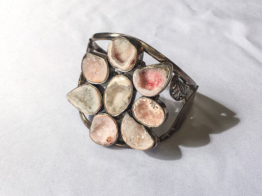 Vintage Floral 925 Silver and Rose Quartz Geode Cuff Bracelet, Beautiful Bulky Cuff Bracelet