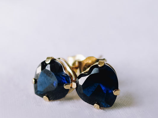 Vintage 10k Gold Sapphire Mini Heart Stud Earrings, Simple Vintage Jewelry