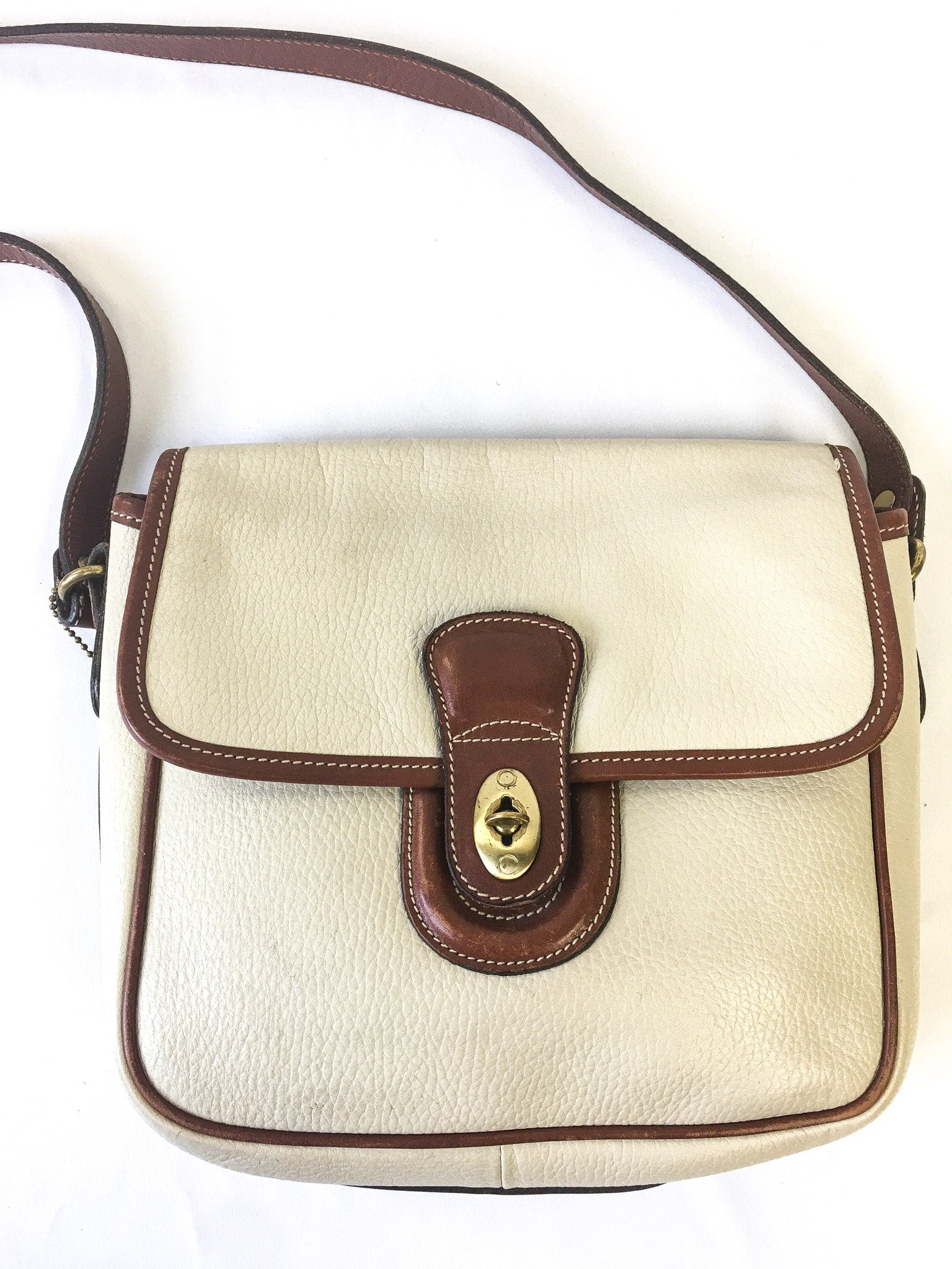 Vintage 90s COACH Greensborough Bone/Off-white/Brown Leather Crossbody, 90s COACH Handbag